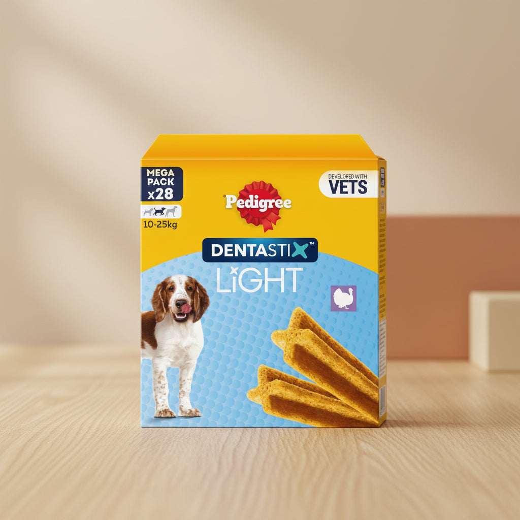 Pedigree Dentastix Light dog treat box with a dog and treats on a blue background