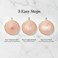 French instructional graphic showing three easy steps for using a breast augmentation gel patch: prepare the skin, place the patch, and leave it alone. The graphic includes numbered circles 1, 2, and 3 with illustrated circular areas and French text instructions.