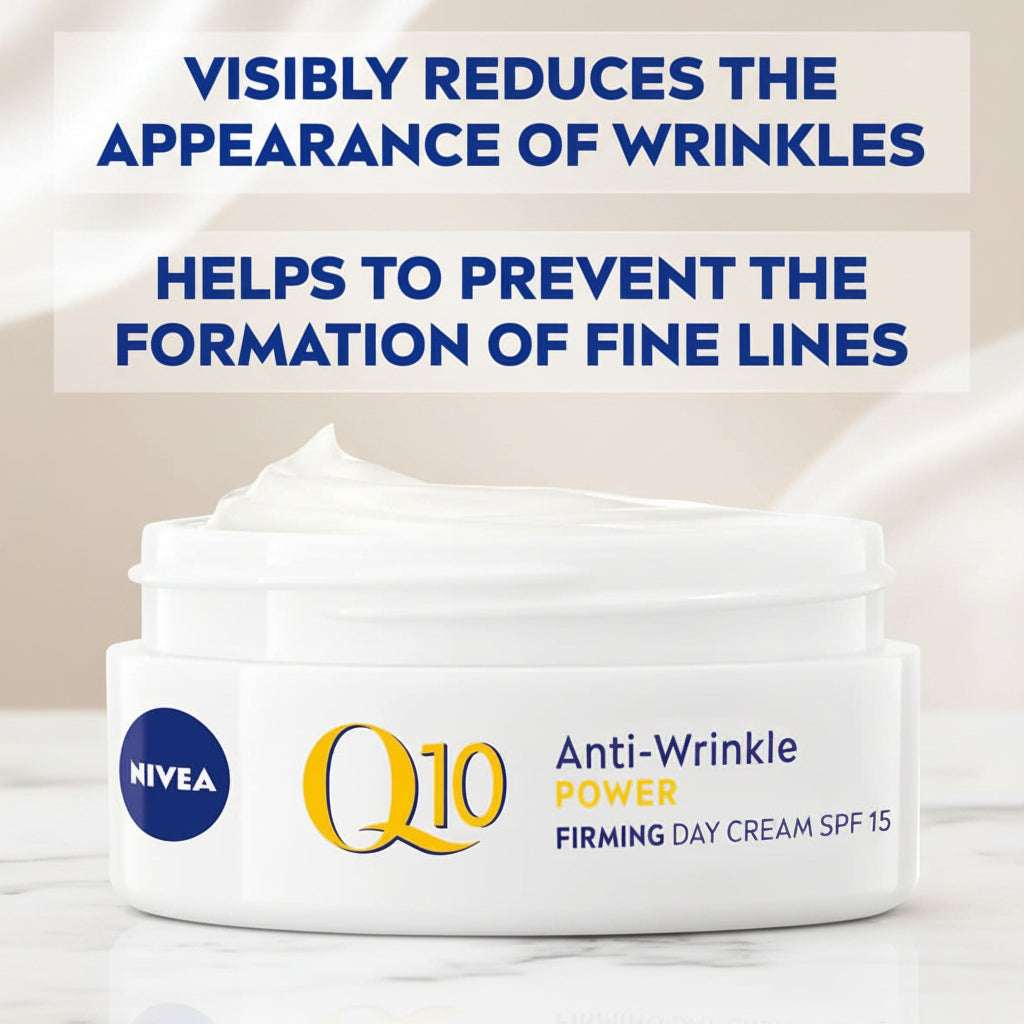 Nivea Q10 Anti-Wrinkle Power Firming Day Cream jar with text on a white background