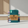 Stack of Utopia Bedding fitted sheets with packaging displaying product details.