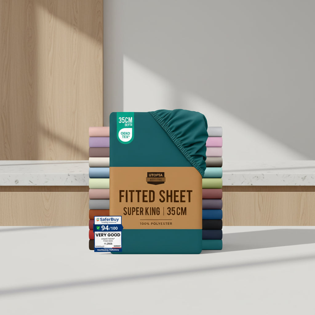 Stack of Utopia Bedding fitted sheets with packaging displaying product details.
