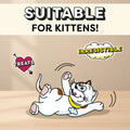 Cartoon cat on a yellow background with text 'Suitable for Kittens! Irresistible Treats'.