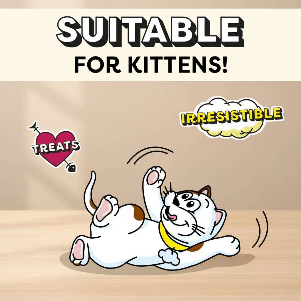 Cartoon cat on a yellow background with text 'Suitable for Kittens! Irresistible Treats'.