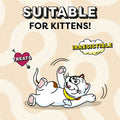Cartoon cat on a yellow background with text 'Suitable for Kittens! Irresistible Treats'.