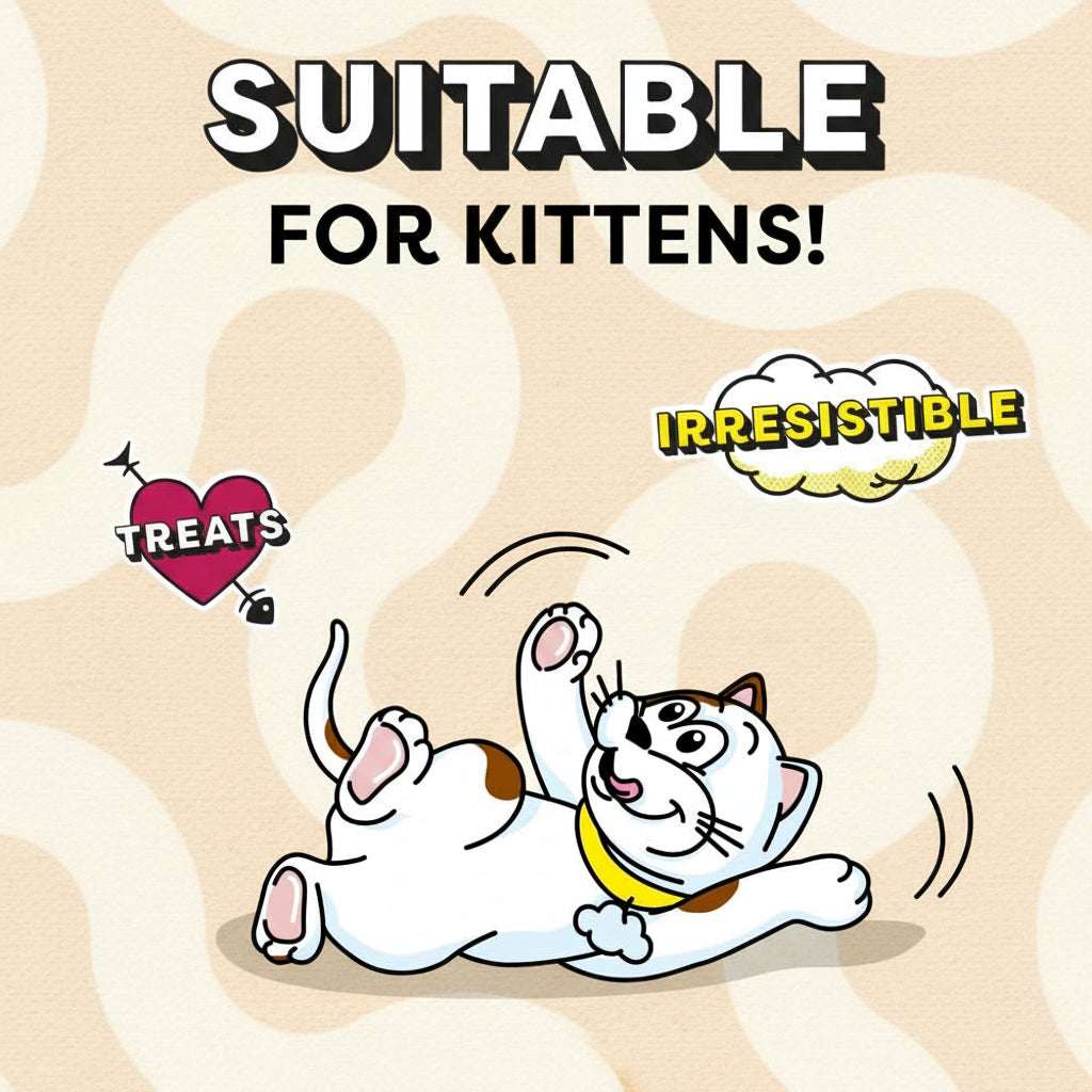 Cartoon cat on a yellow background with text 'Suitable for Kittens! Irresistible Treats'.