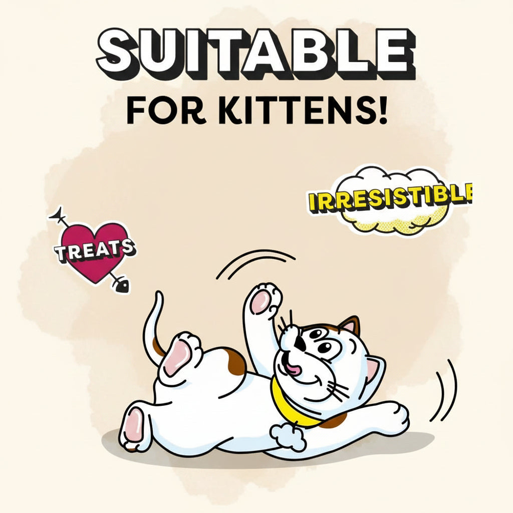 Cartoon cat on a yellow background with text 'Suitable for Kittens! Irresistible Treats'.