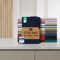 Stack of Utopia Bedding fitted sheets with a brown label and color swatches on a white background.