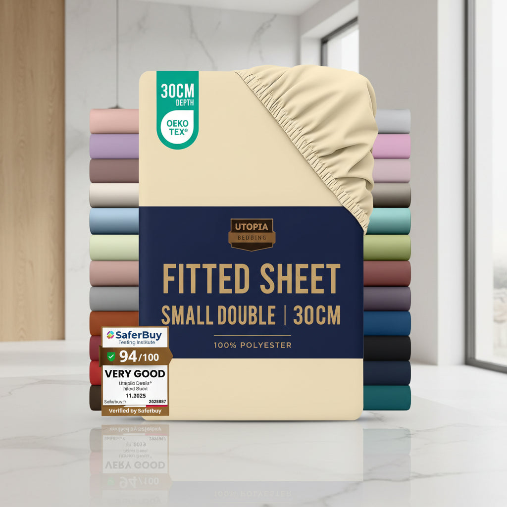 Packaged fitted sheet with color swatches and certification logos on a white background