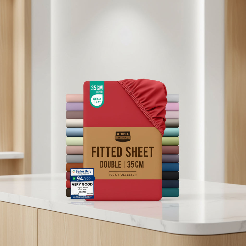 Stack of Utopia Bedding fitted sheets with a red sheet on top, surrounded by other colors.