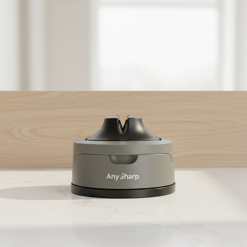 Gray and black knife sharpener with 'Any Sharp' branding on a white background