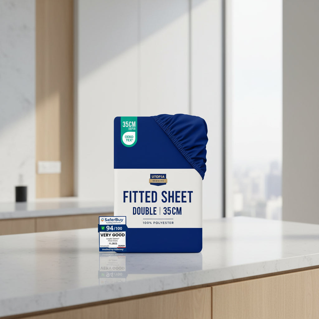 Packaged fitted sheet with color swatches and Utopia Bedding branding.