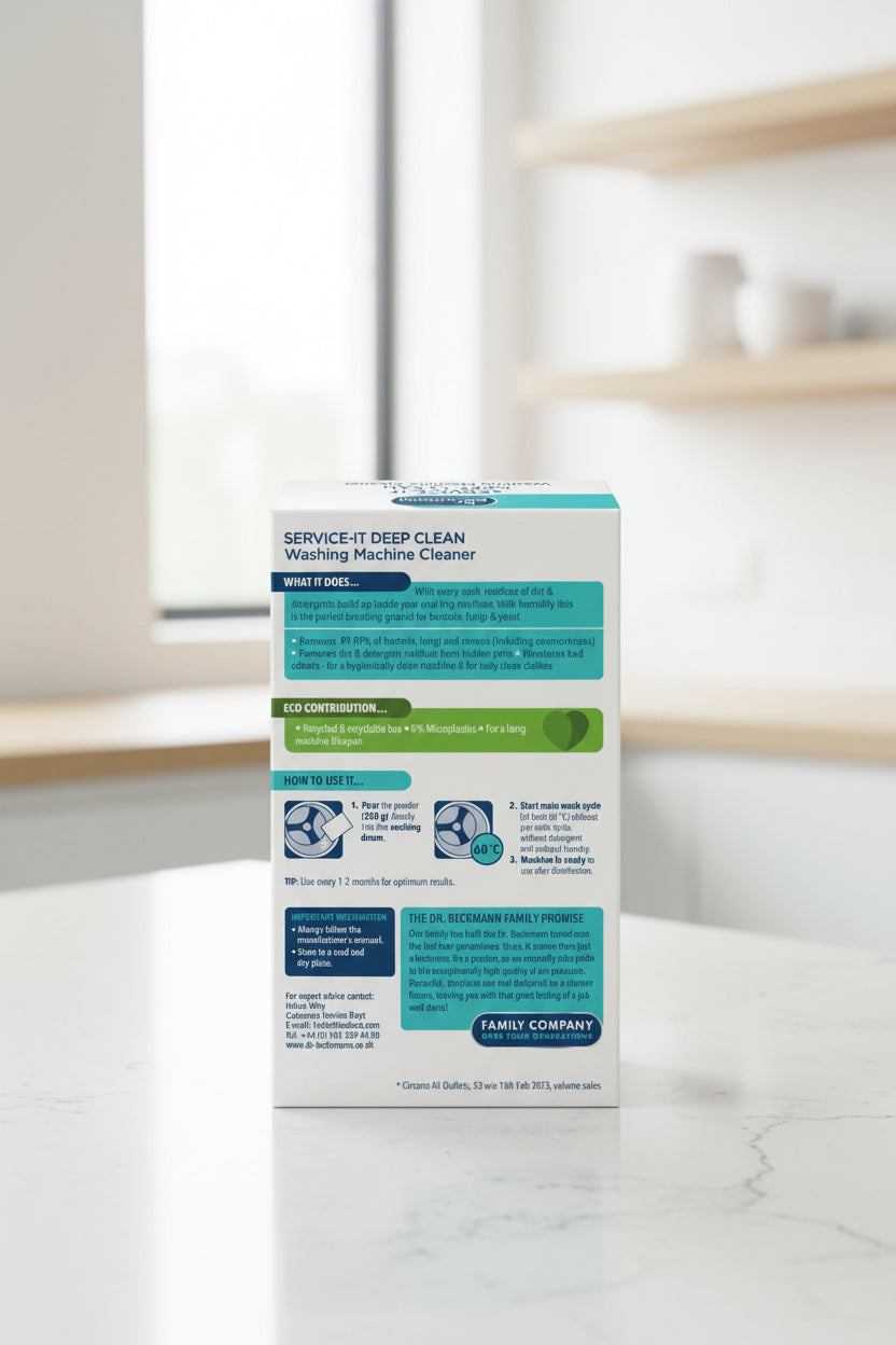 Box of Dr. Beckmann Service-It Deep Clean Washing Machine Cleaner with text and graphics on a white background.