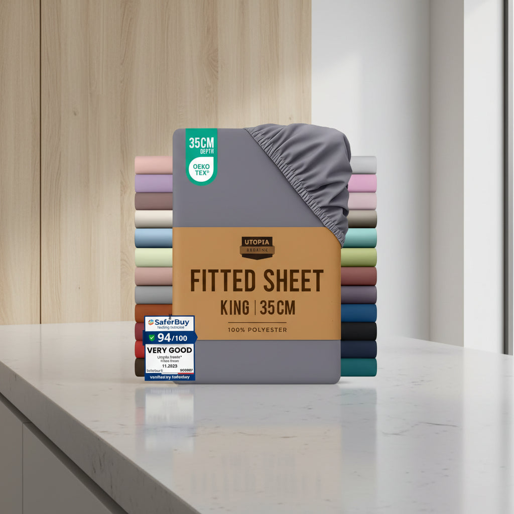 Stack of Utopia Bedding fitted sheets with color options and product details on a white background.