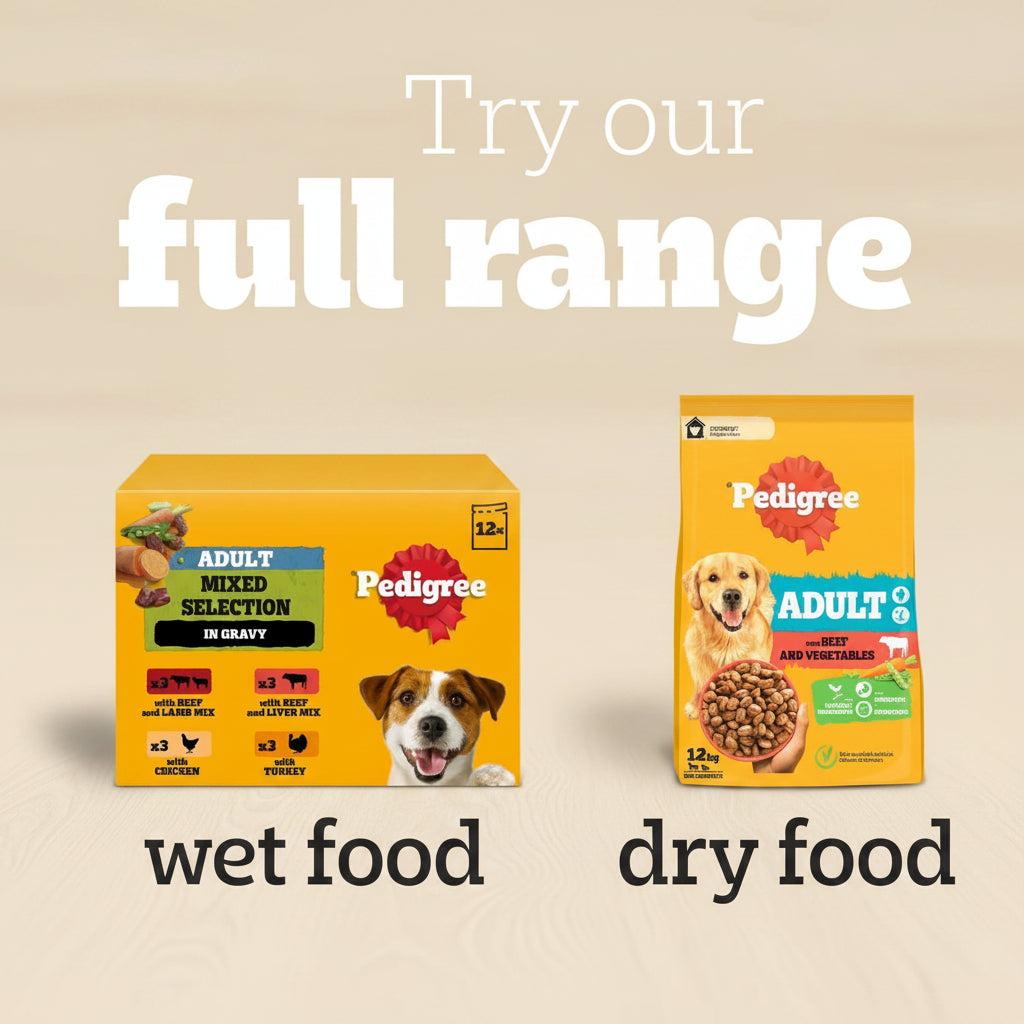 Pedigree dog food packaging with text on a yellow background