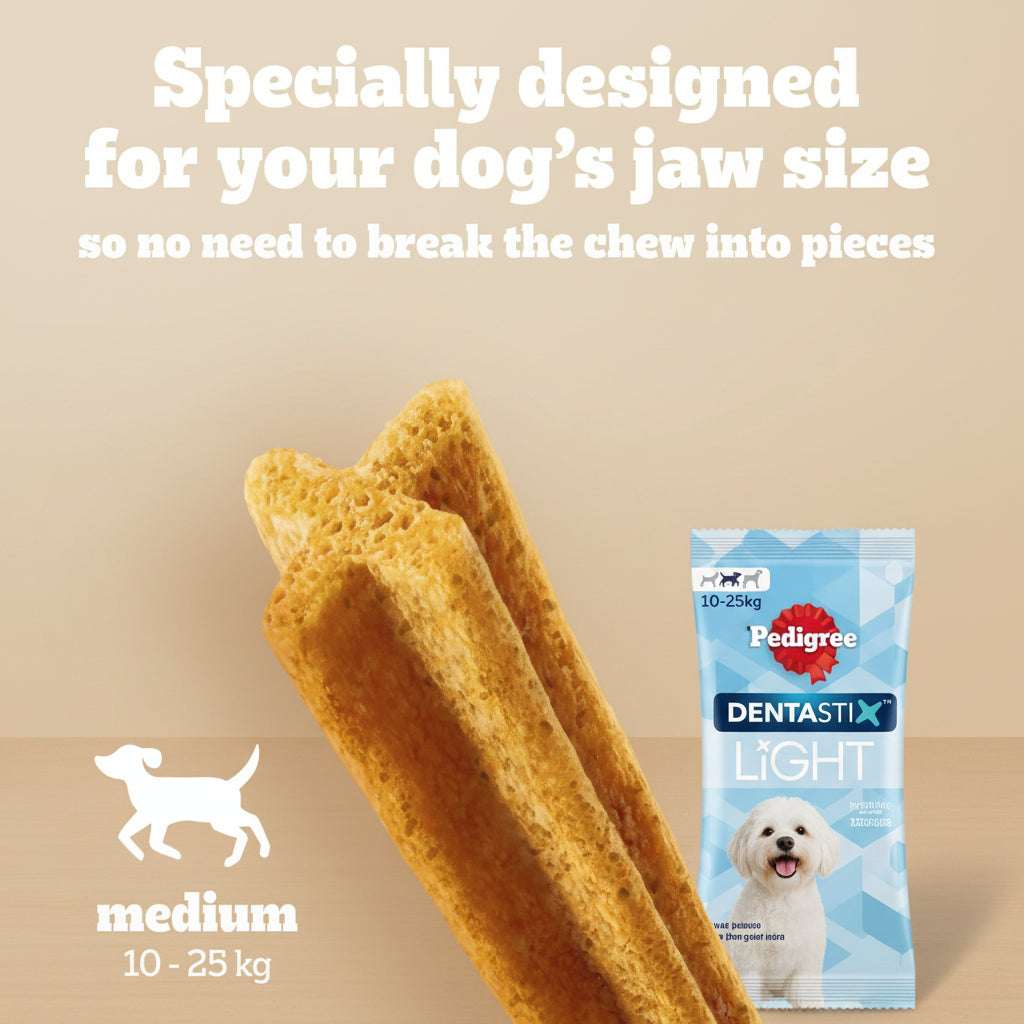Dog chew treat with Pedigree Dentastix Light packaging on a yellow background