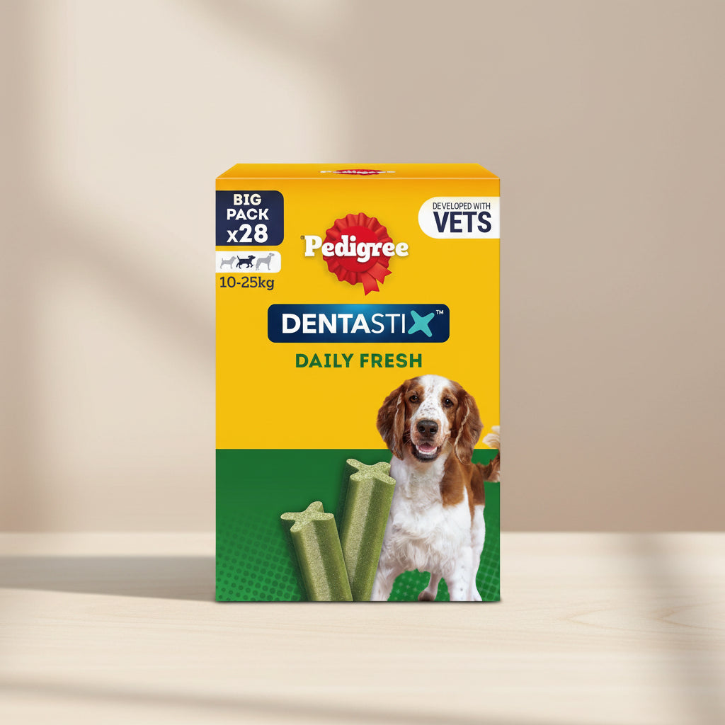 A box of Pedigree Dentastix Daily Fresh dog treats, designed for dogs weighing 10-25kg. The packaging is bright yellow on top and green on the bottom, featuring the red Pedigree logo, the blue Dentastix brand name, and an illustration of a brown and white dog alongside two green star-shaped treats.