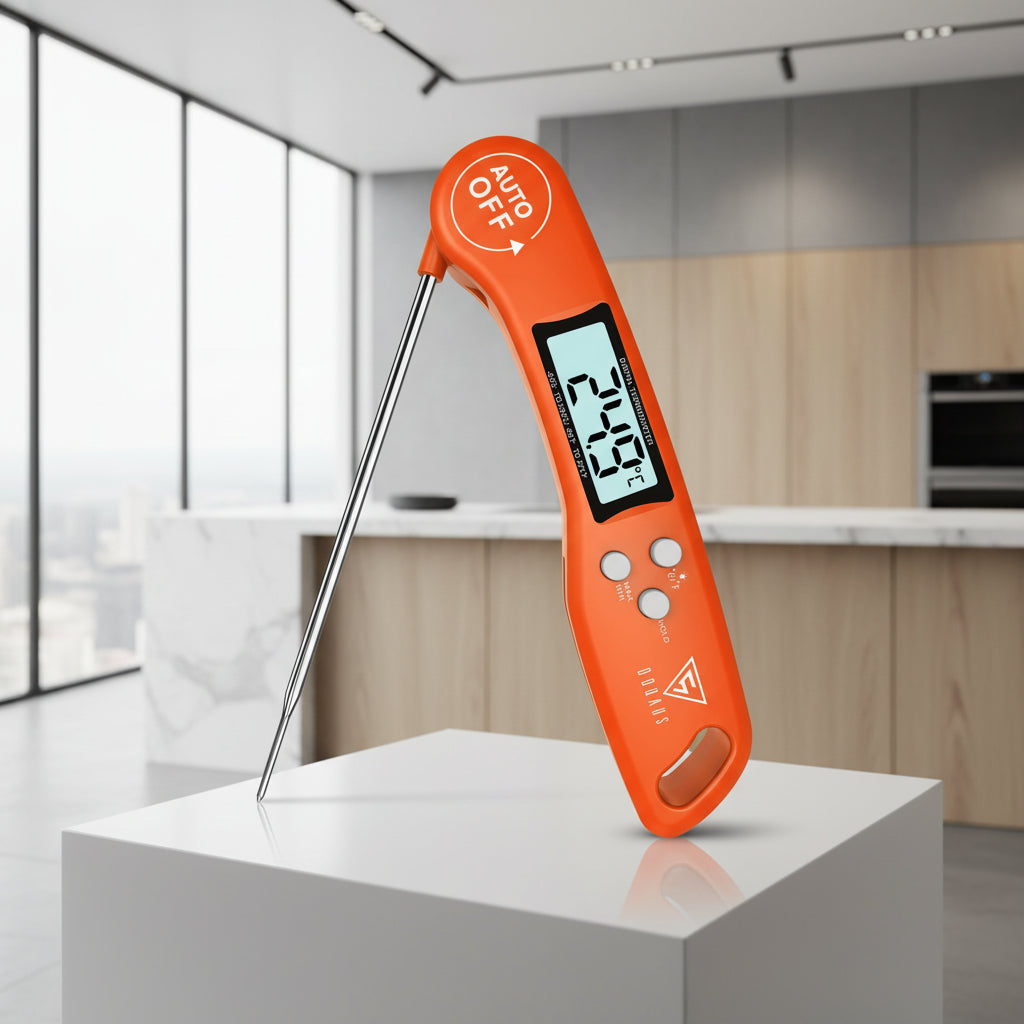 An orange digital instant thermometer probe with a stainless steel needle, featuring a black LCD screen showing 24.2 degrees Celsius, three white buttons, and a white 'AUTO OFF' dial on a clean white background.