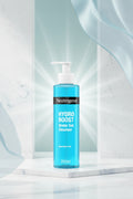 A 200ml bottle of Neutrogena Hydro Boost Water Gel Cleanser with a white pump dispenser. The bottle is a vibrant translucent blue with white text and a black brand banner at the top.