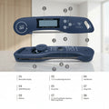 A digital thermometer shown from two angles on a white background, with numbered callouts pointing to parts such as the reversible display, buttons, hanging hole, battery compartment, and magnet. Text below lists the labeled parts.
