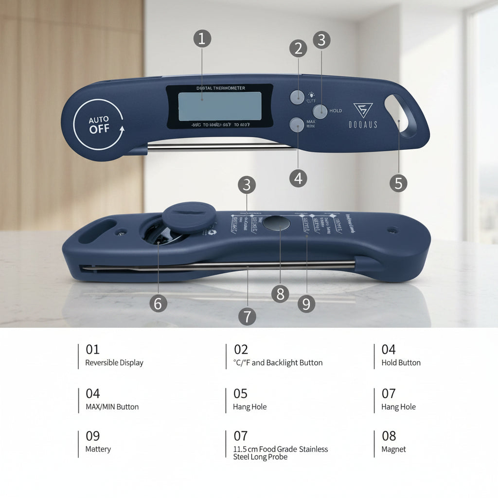 A digital thermometer shown from two angles on a white background, with numbered callouts pointing to parts such as the reversible display, buttons, hanging hole, battery compartment, and magnet. Text below lists the labeled parts.