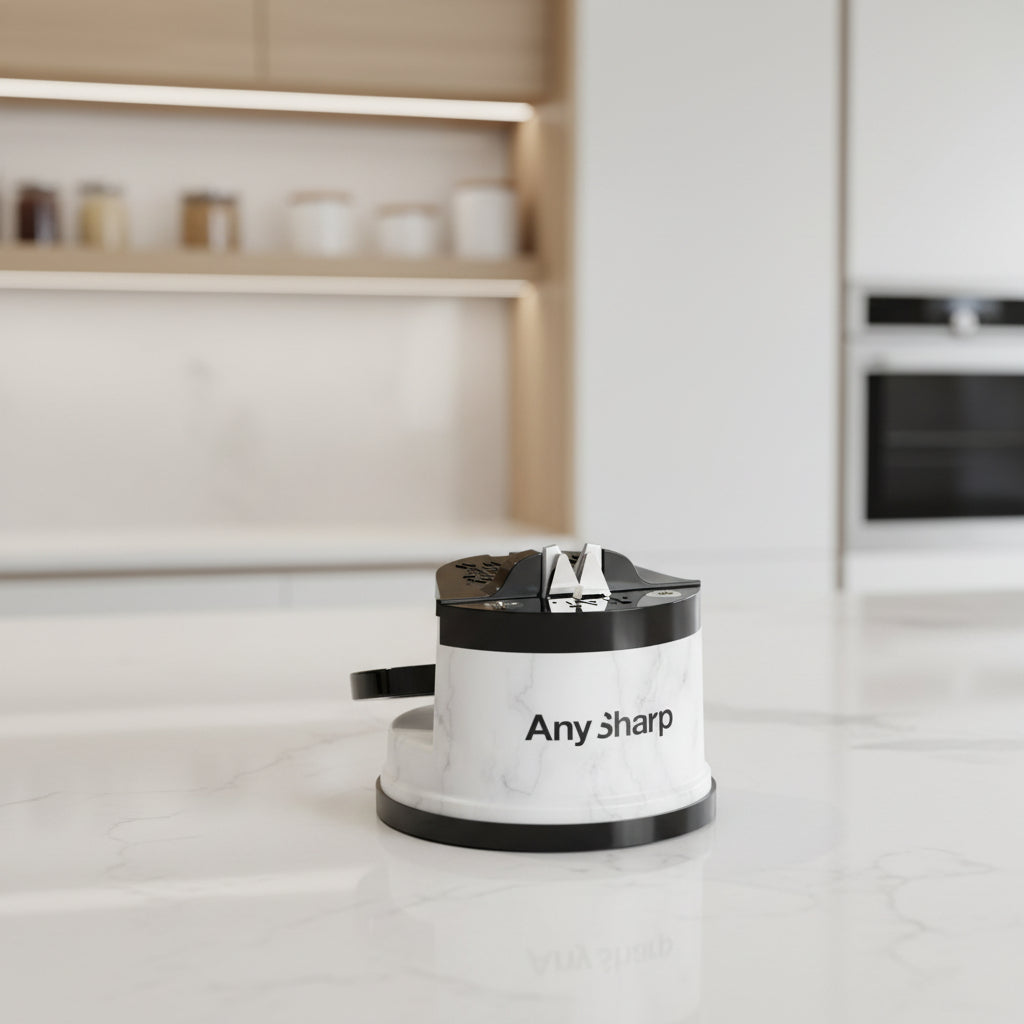 AnySharp knife sharpening stand with a white marble-patterned base, black accents, and a partially inserted steel knife, shown on a clean white background.