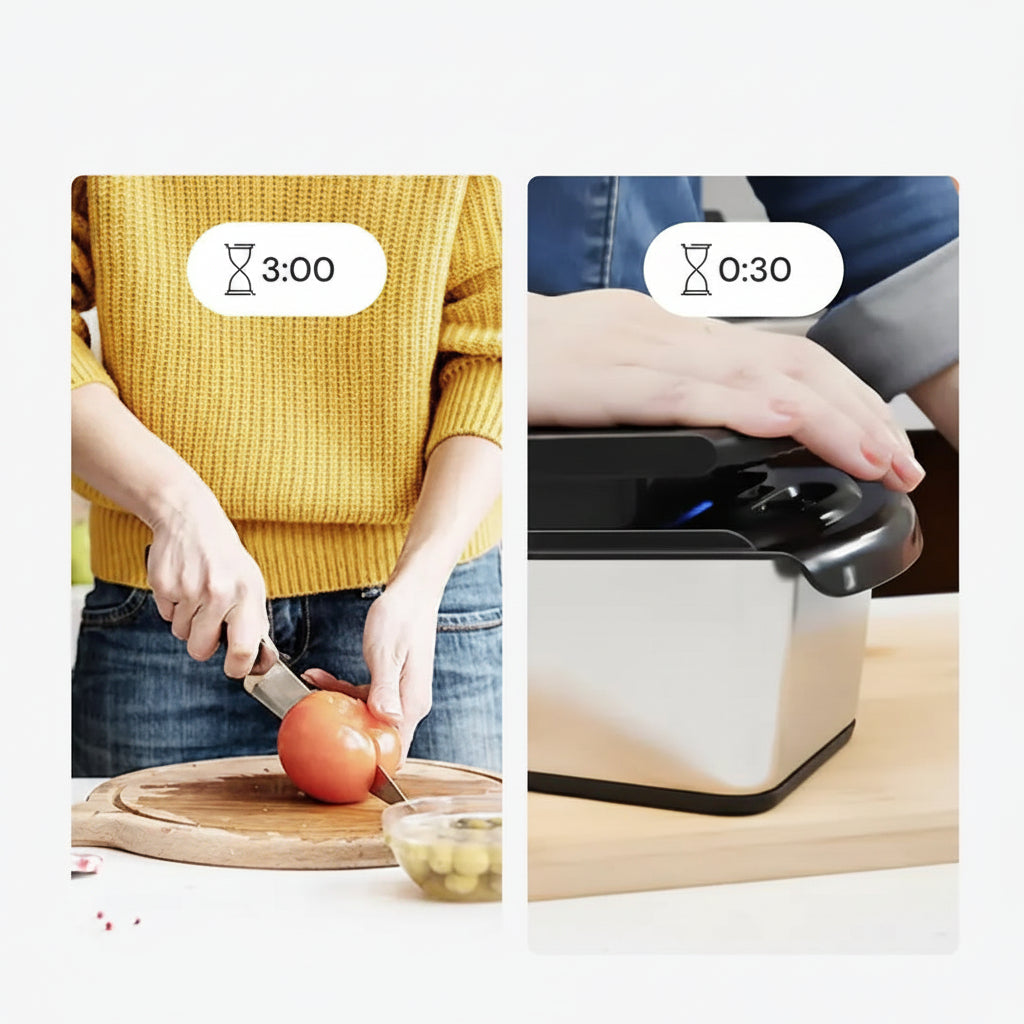 Comparison of time taken to cut a tomato with and without a kitchen timer, showing 75% faster results.