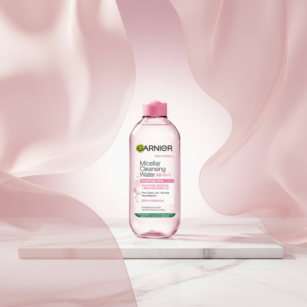 Garnier Micellar Cleansing Water bottle in a large pink glass vessel, with promotional text reading '1 SOLD EVERY 15 SECONDS' and 'THE UK'S NO 1 MICELLAR WATER'.