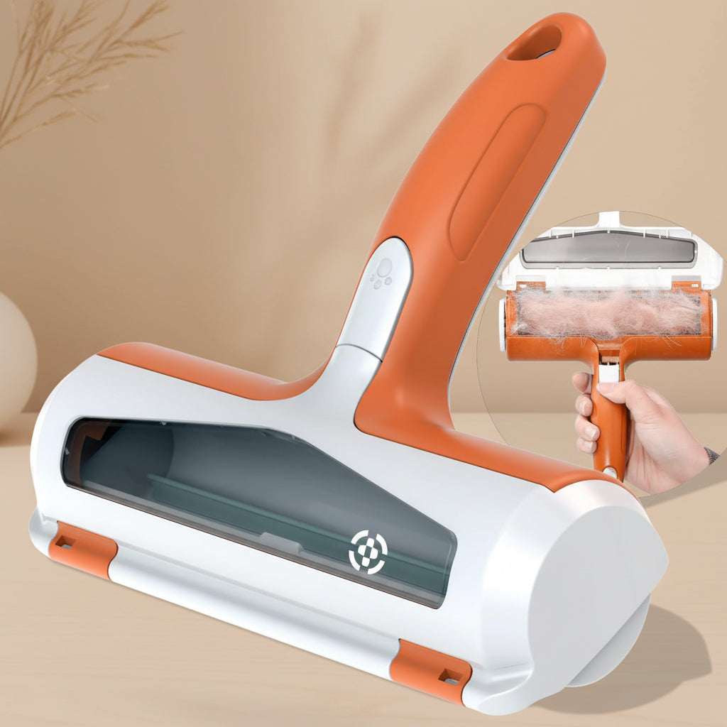 Orange and white pet hair removal tool with visible brand name on a white background