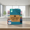 Packaged fitted sheet with color swatches and Utopia Bedding branding.