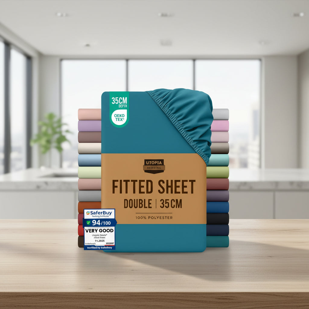 Packaged fitted sheet with color swatches and Utopia Bedding branding.