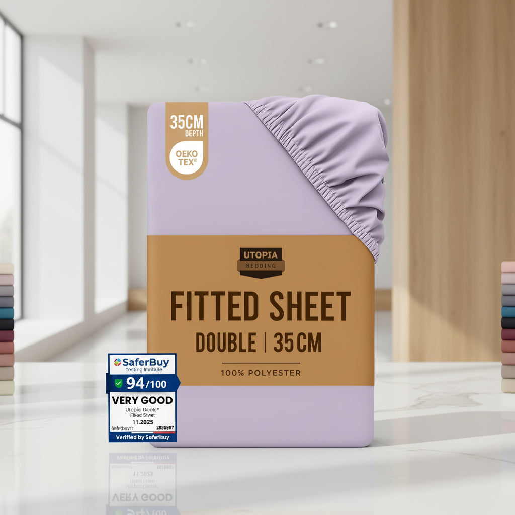 Packaged fitted sheet with color options and Utopia Bedding branding.