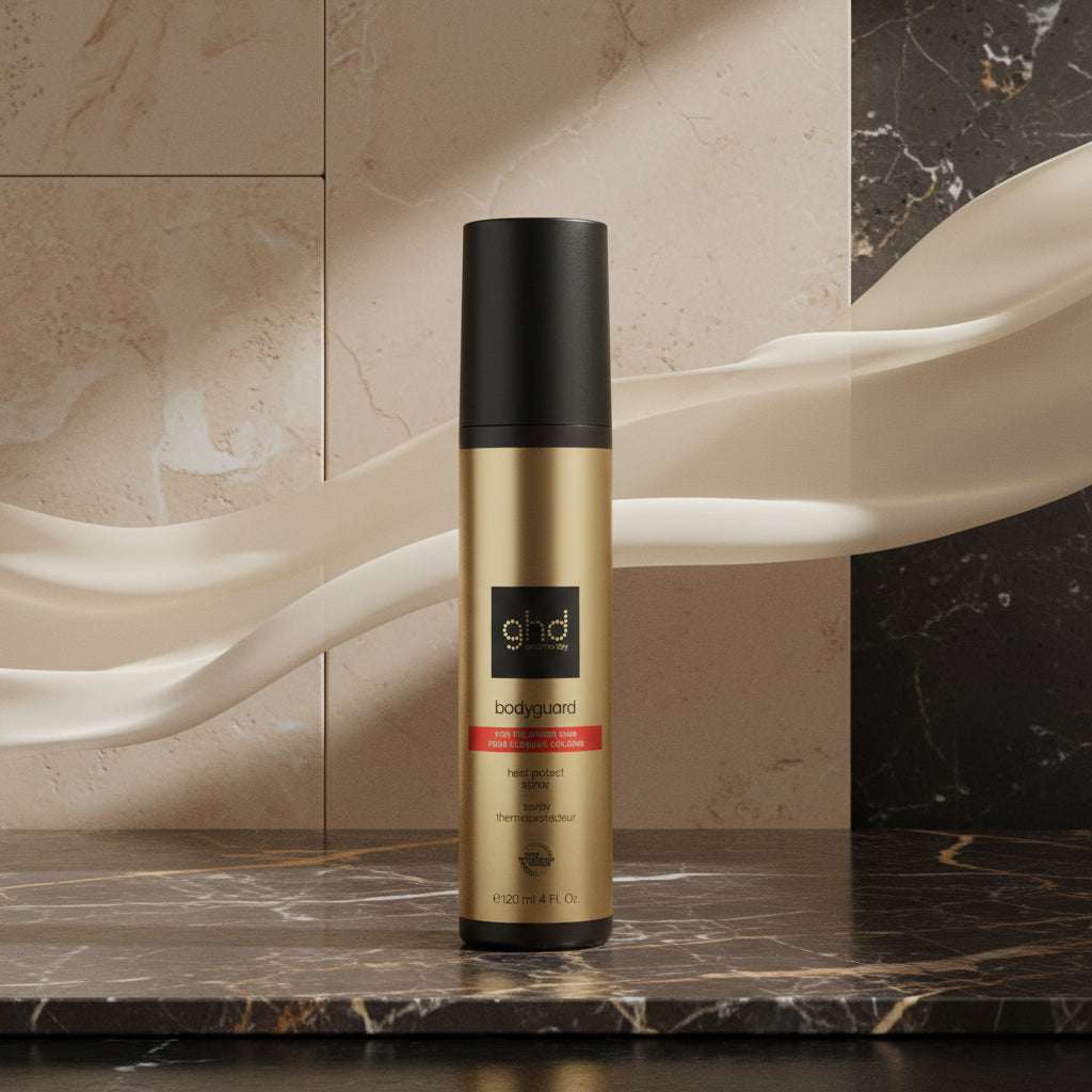 ghd bodyguard hair spray bottle with text on a white background