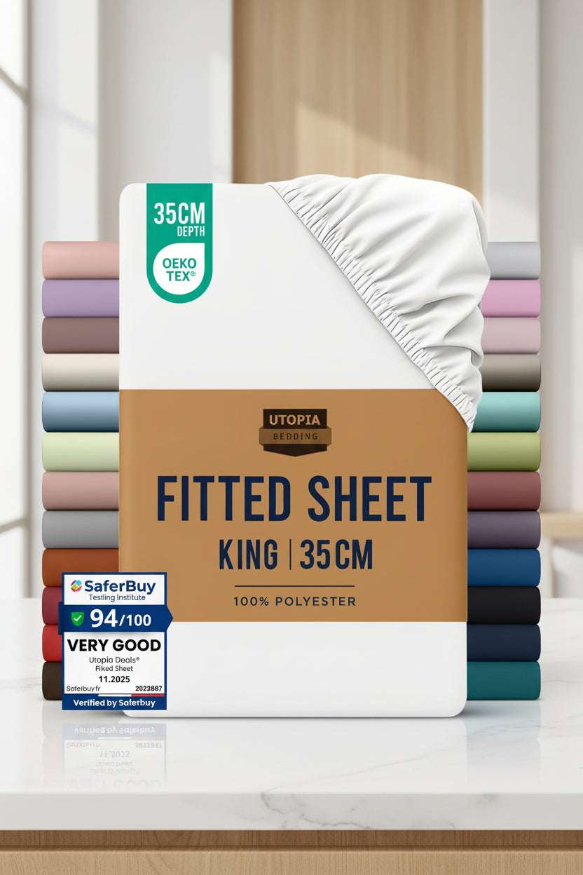 Packaged fitted sheets with color options and Utopia Bedding branding.