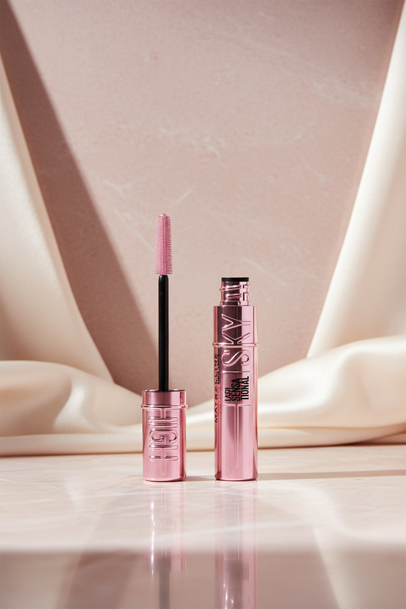 Maybelline Sky Lash Sensa Honal mascara shown with the wand applicator and the open tube, both in metallic pink packaging on a white background.