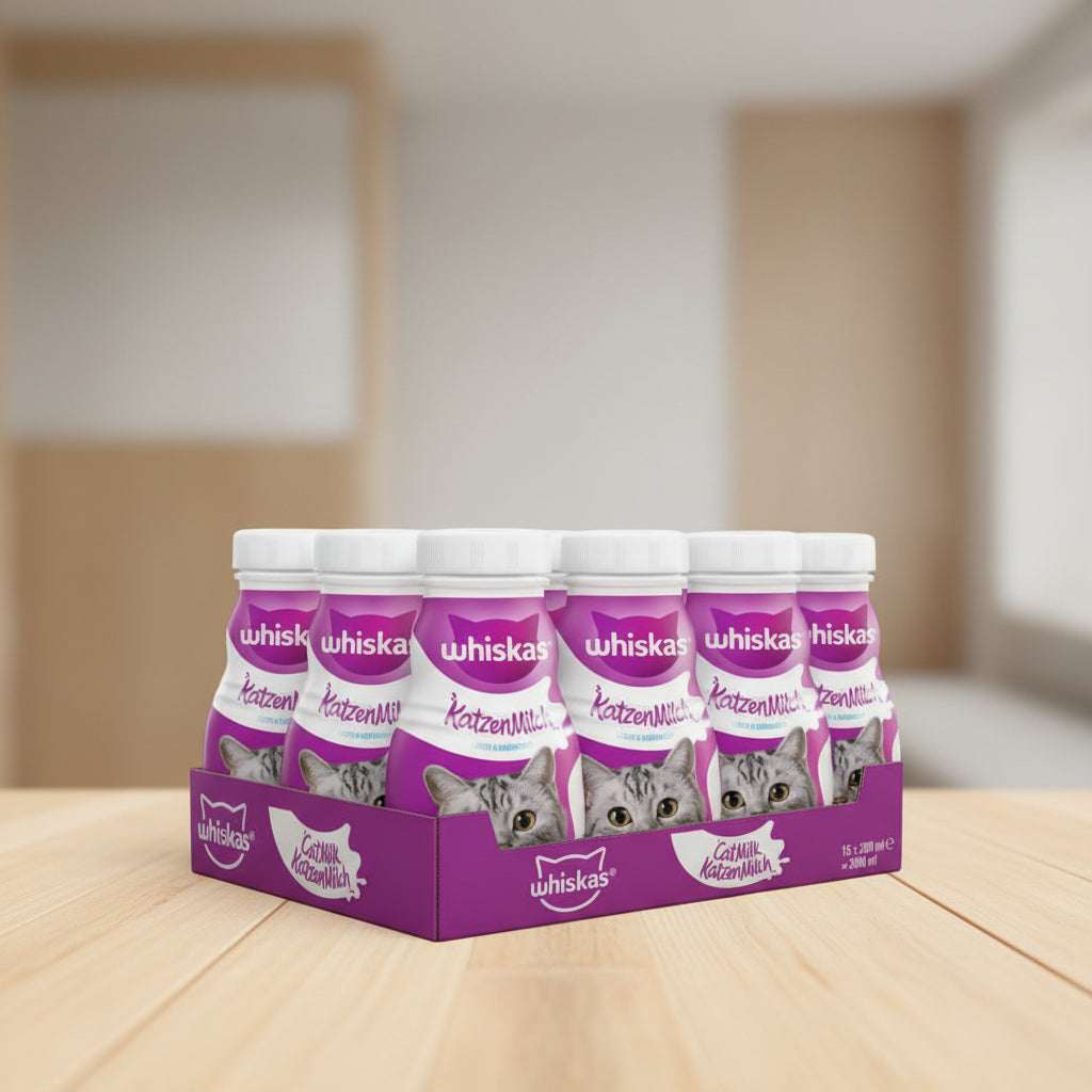 Box of Whiskas cat milk with multiple bottles displayed