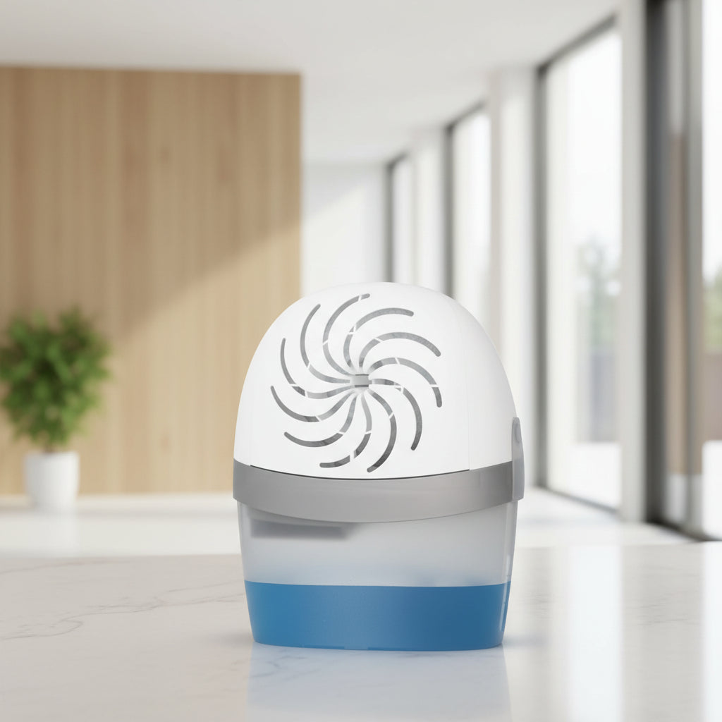 White and blue air purifier with text indicating duration of use on a light background