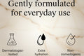 Text on a white background reading 'Gently formulated for everyday use' with three black line icons and labels below: a flask labeled 'Dermatologist-tested,' a droplet labeled 'Extra hydration,' and a droplet with a checkmark labeled 'Non-comedogenic.'.