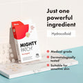 Mighty Patch packaging with hydrocolloid information on a light blue background