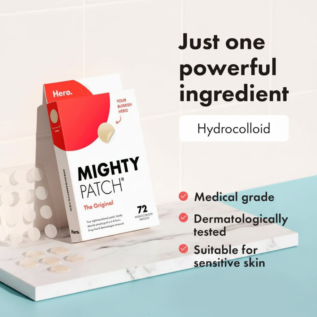 Mighty Patch packaging with hydrocolloid information on a light blue background