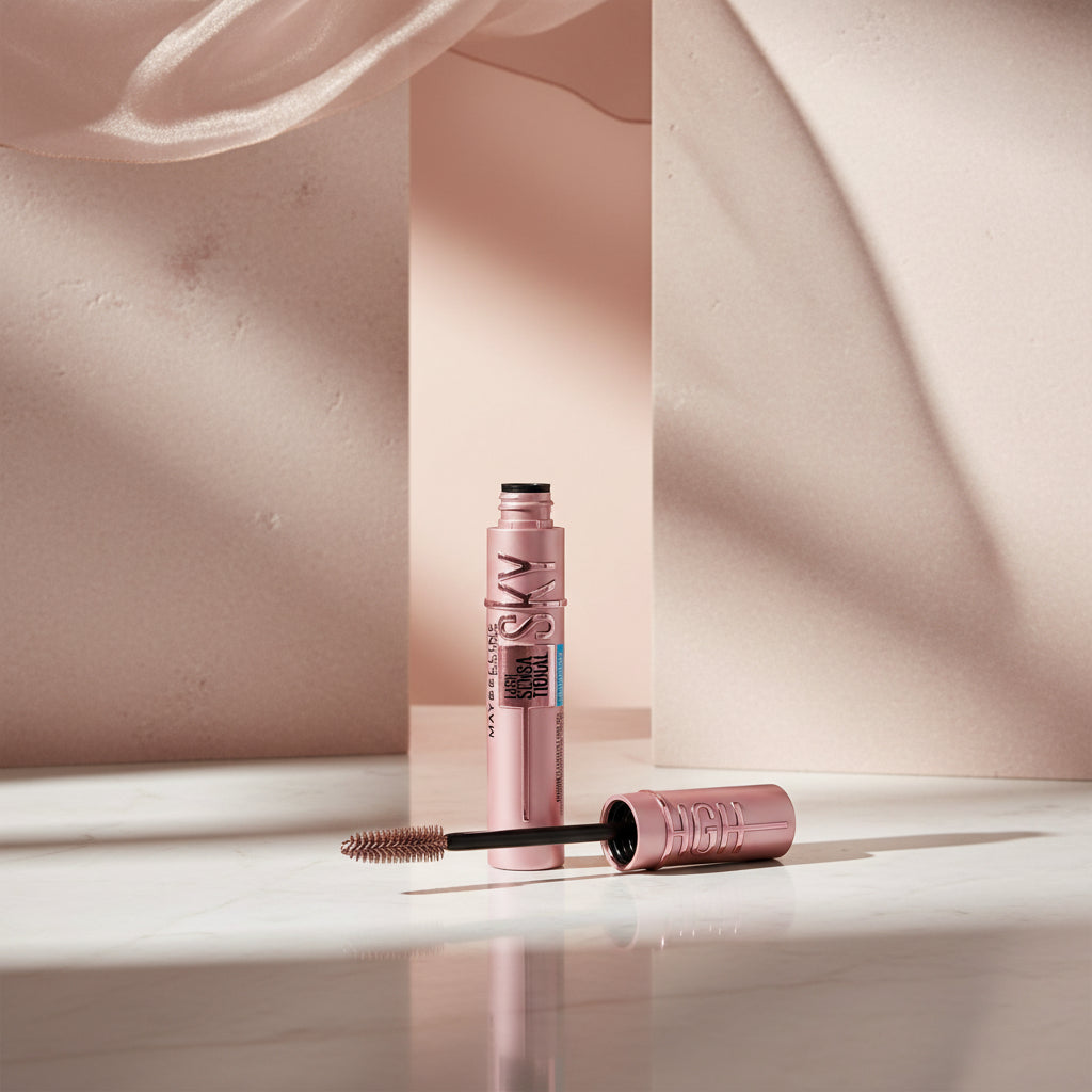 Two mascara tubes with a brown wavy line on a white background