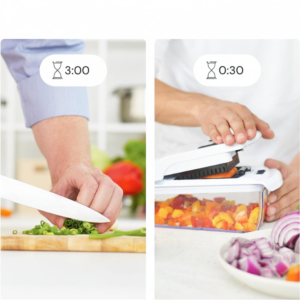 Comparison of time taken to chop vegetables with and without a kitchen tool, with text 'Built for Speed'.
