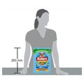 A size comparison graphic showing a bag of Pet Bakers dog food placed on the torso of a gray silhouette person, with a height marker reading 283 mm.