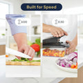 Comparison of time taken to chop vegetables with and without a kitchen tool, labeled 'Built for Speed'.