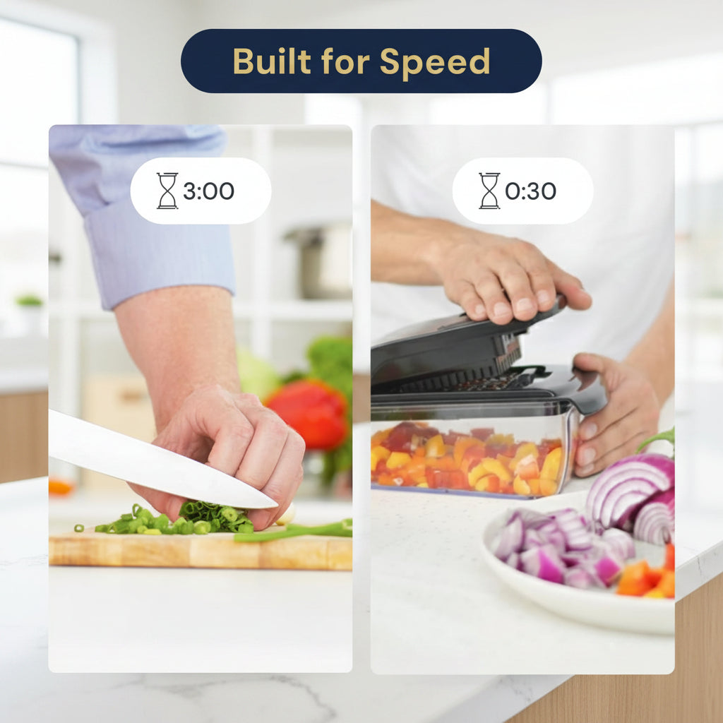 Comparison of time taken to chop vegetables with and without a kitchen tool, labeled 'Built for Speed'.
