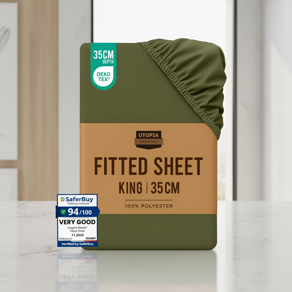 Stack of Utopia Bedding fitted sheets with a green sheet on top, displayed against a white background.