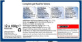 A blue and white informational card for Purina pet food pouches, detailing the complete pet food for kittens in 12 x 100g pouches. The card lists nutritional composition options for beef, chicken, tuna, and salmon, along with additives, analytical constituents, and the Purina brand logo at the bottom right.