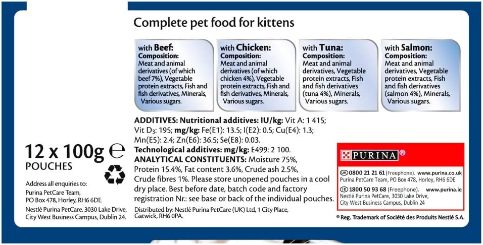 A blue and white informational card for Purina pet food pouches, detailing the complete pet food for kittens in 12 x 100g pouches. The card lists nutritional composition options for beef, chicken, tuna, and salmon, along with additives, analytical constituents, and the Purina brand logo at the bottom right.