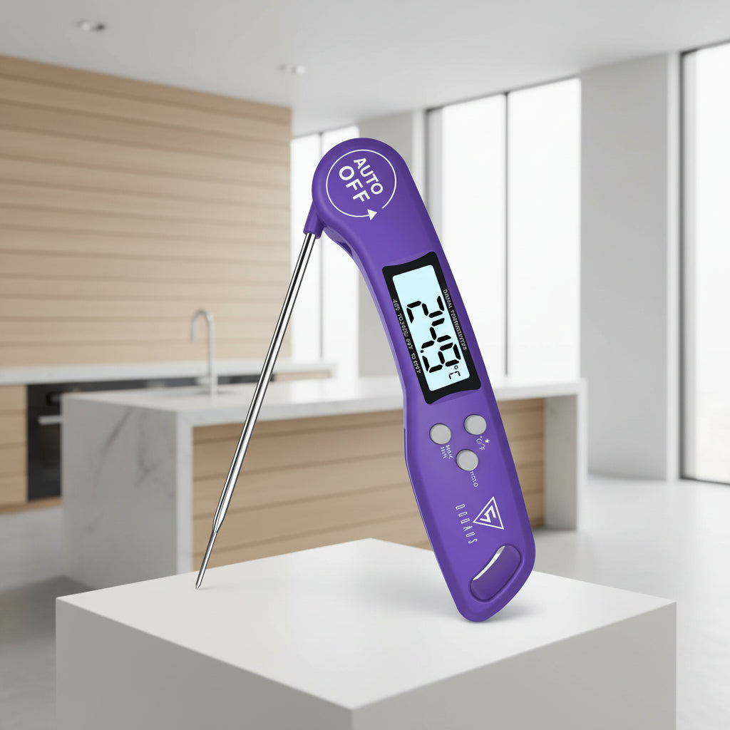 A purple digital meat thermometer with a long stainless steel probe, featuring an LCD screen showing 24.9 degrees Celsius, on a clean white background.
