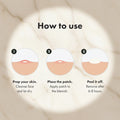 Step-by-step guide on how to use a blemish patch with three clear illustrations and text labels.