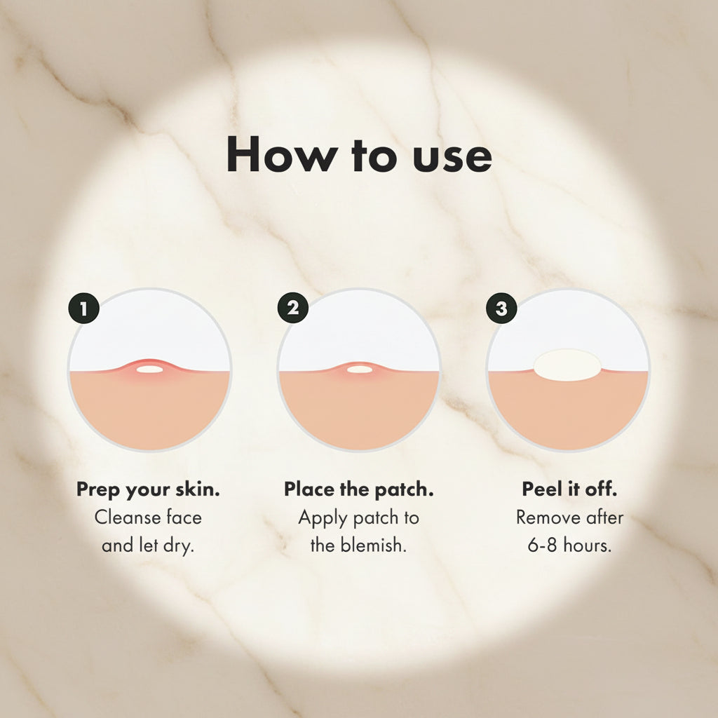Step-by-step guide on how to use a blemish patch with three clear illustrations and text labels.